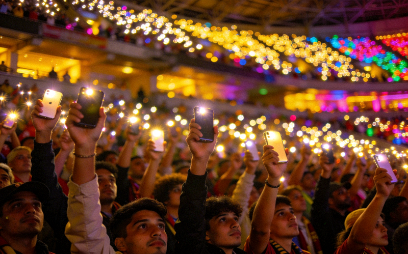 众多球迷在体育场内举起手机灯光，营造出星光璀璨的壮观场面，展现深厚的赛事文化